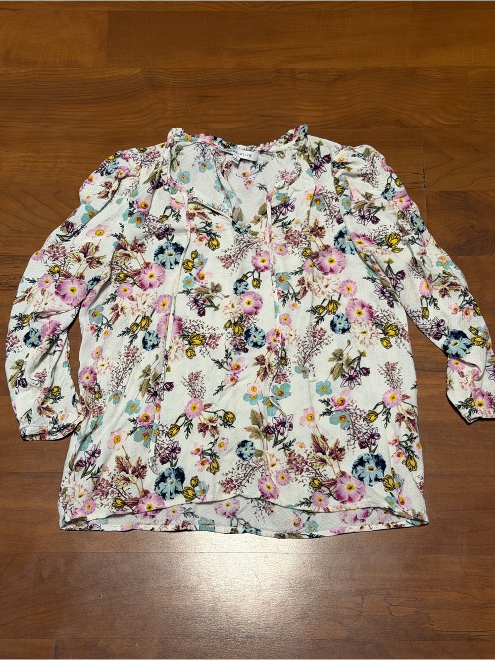 Rose & Olive White Floral Peasant Blouse with Pink, Blue & Yellow Flowers